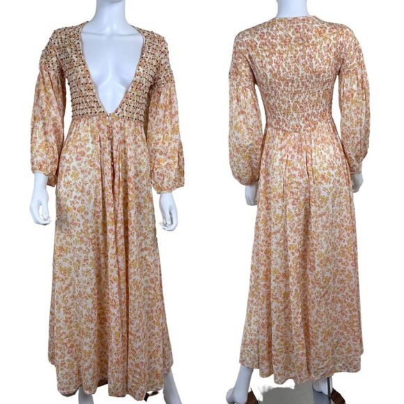 Free People Kadence Women Size XS Yellow Smocked Floral Maxi Robe NEW Duster - Picture 1 of 16